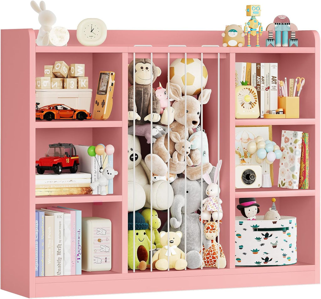 Toddler Stuffed Animal Zoo, Toy Storage Organizer for Playroom, Plush Toy Organizers and Storage, Book Shelf for Kids Rooms, Elastic Band Child Bookcase, Toy Shelf with 8 Storage Cubbies (Pink)