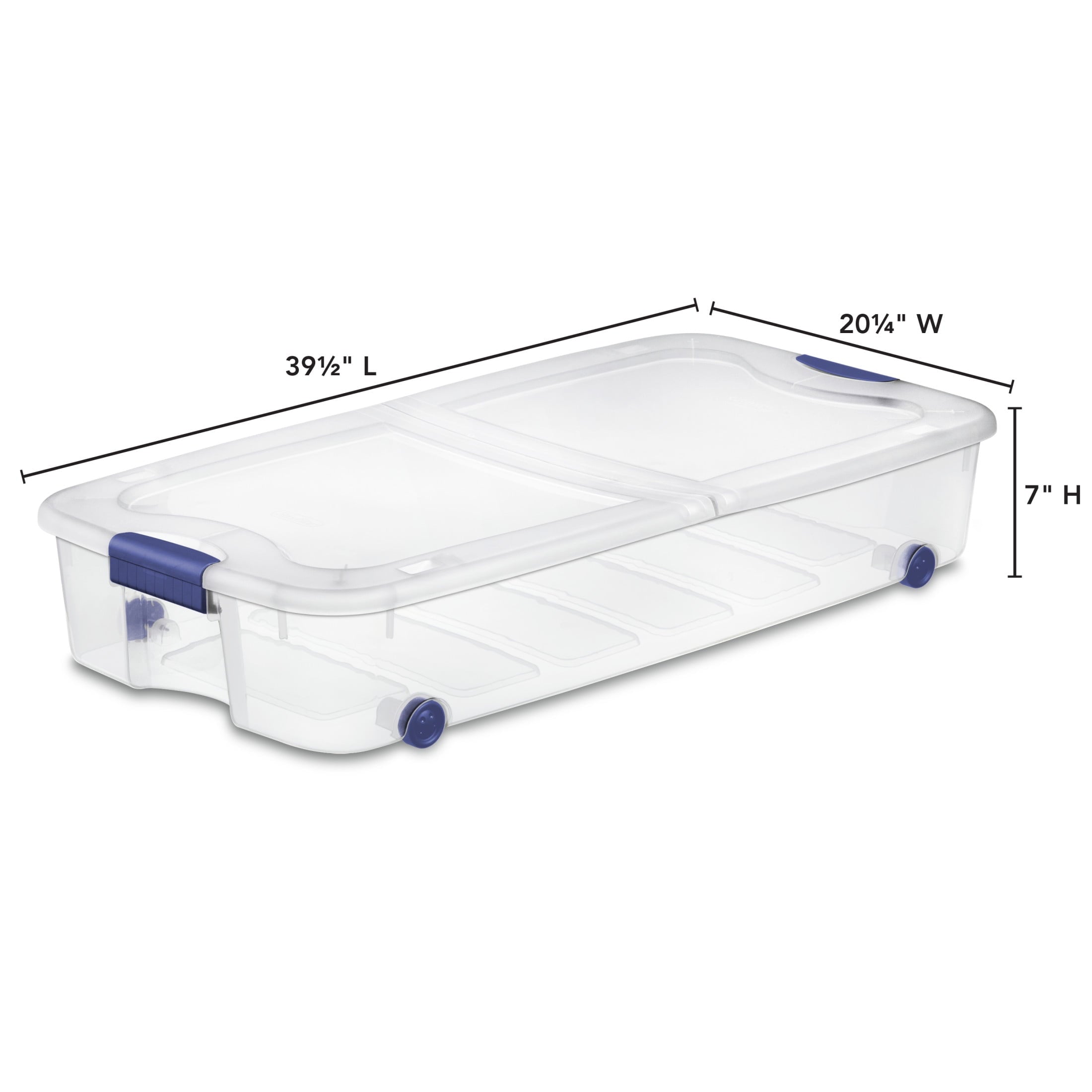 66 Quart Latching Underbed Wheeled Storage Bin, Clear Plastic Storage Container with Latch Lid, Blue