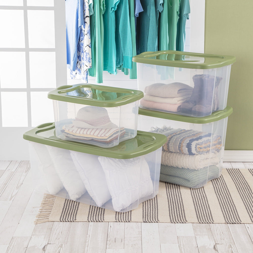 EZ Carry 95 Quart Extra-Large Storage Bin, Clear Plastic Storage Container with Full-Grip Handles, Green
