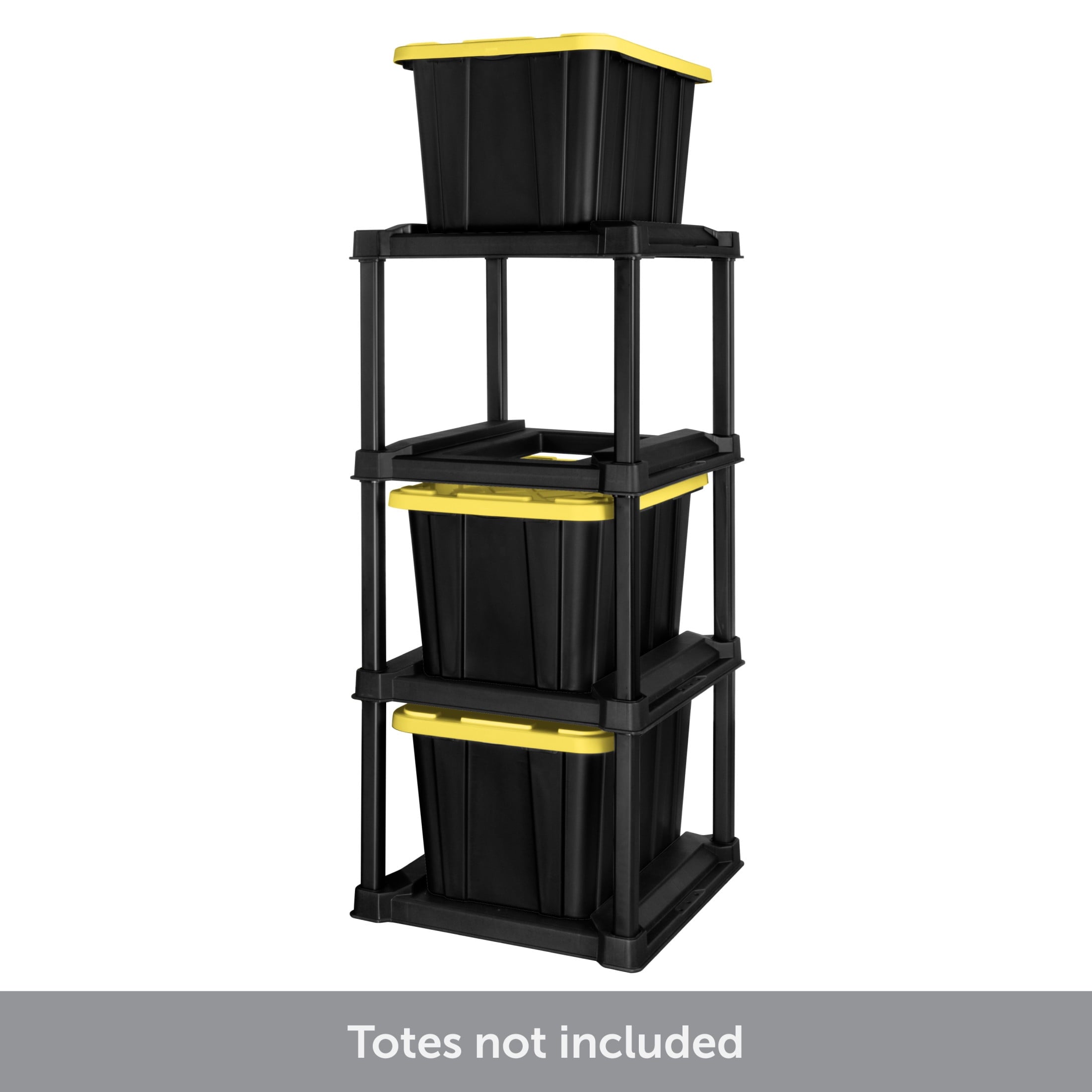 4 Tier Plastic Tote Rack, Holds Four 27 Gallon Industrial Storage Bins, Rugged and , Black