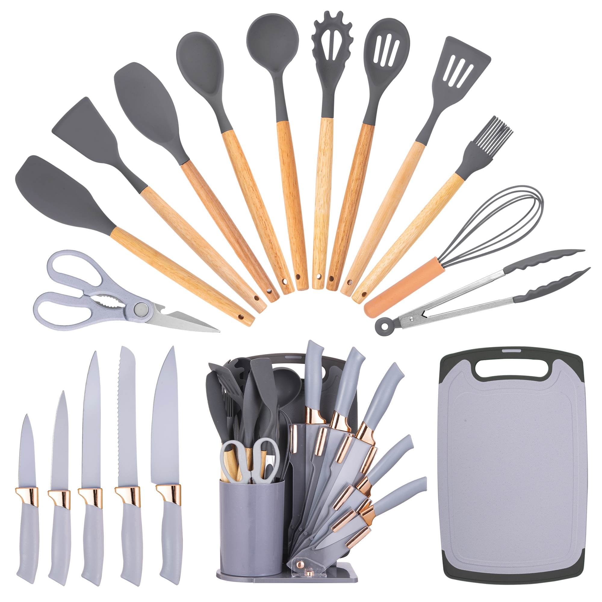 19-Piece Silicone Kitchen Utensil & Knife Set - Heat-Resistant Cooking Tools Non-Stick Safe Gift for Mom or Women Black