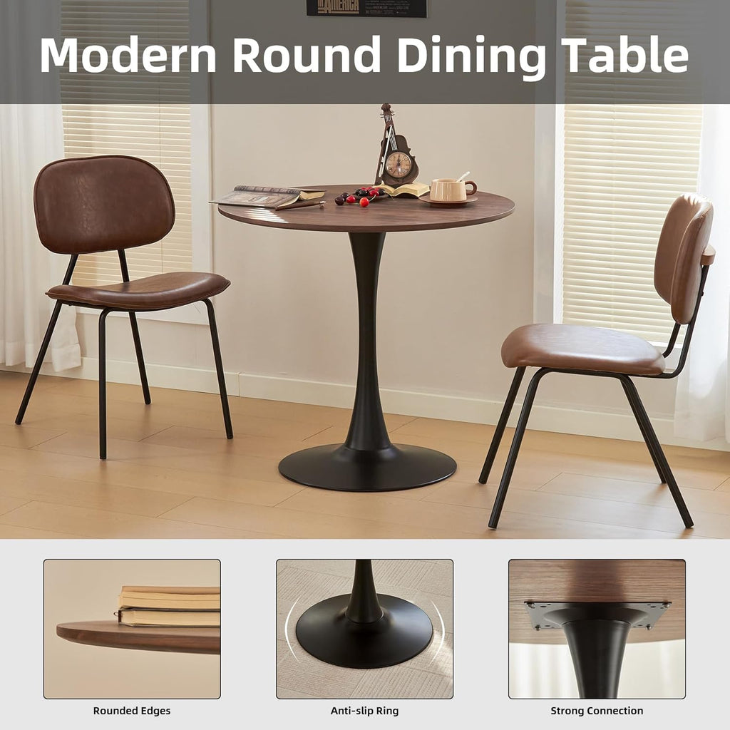 Round Dining Table, 31.5" Circle Tulip Table with Thickened Tabletop & Metal Pedestal, Mid Century Modern Bistro Table for Kitchen, Small Places, Living Room, Cafe (Faux Walnut)