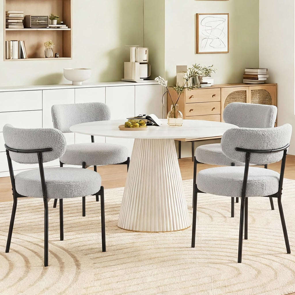 DUMOS Dining Chairs Set of 4, Mid Century Modern Chair Round Upholstered Curved Backrest, Kitchen Vanity Living Room Chairs with Black Metal LegsClassic Grey