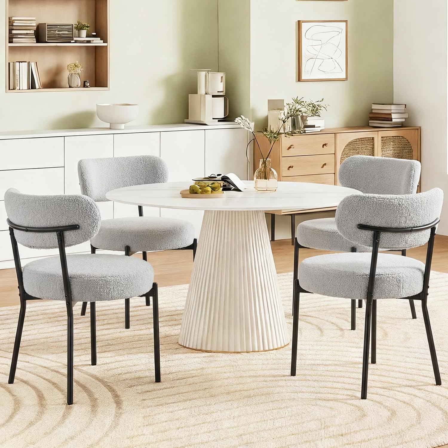 DUMOS Dining Chairs Set of 4, Mid Century Modern Chair Round Upholstered Curved Backrest, Kitchen Vanity Living Room Chairs with Black Metal LegsClassic Grey