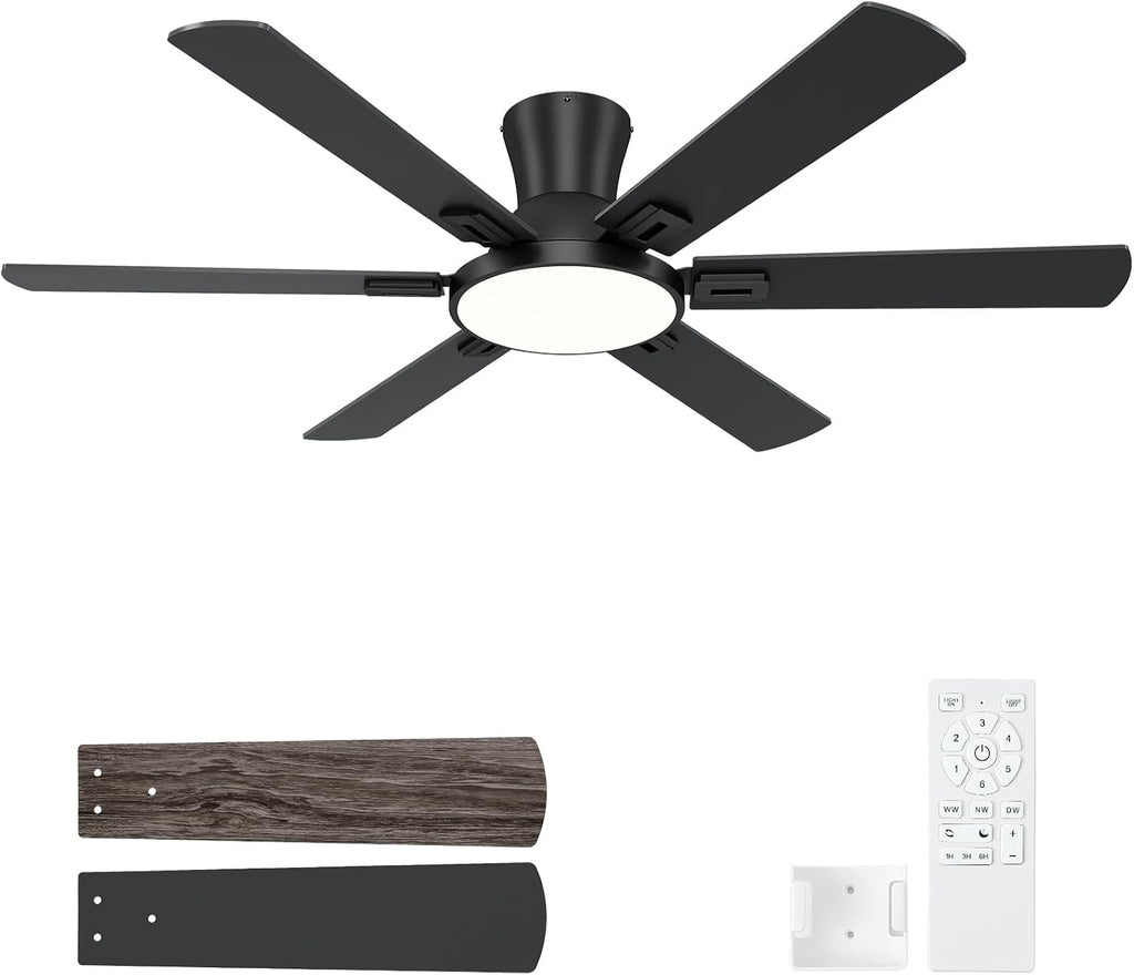 52 Inch Black Ceiling Fan with Lights and Remote, Flush Mount Low Profile 6 Blades with 10 Inch Lighting Fixture, Quiet Reversible DC Motor for Living Room, Bedroom and Patio