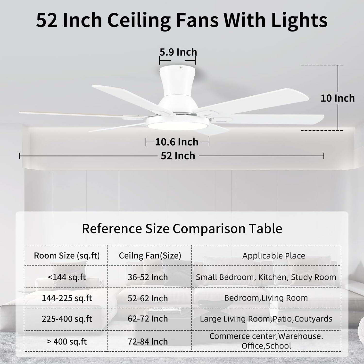 52 Inch White Ceiling Fans with Lights and Remote,Flush Mount Low Profile 6 Blades Ceiling Fan with 10 Inch Lighting Fixture,Quiet Reversible DC Motor for Living Room,Bedroom and Patio
