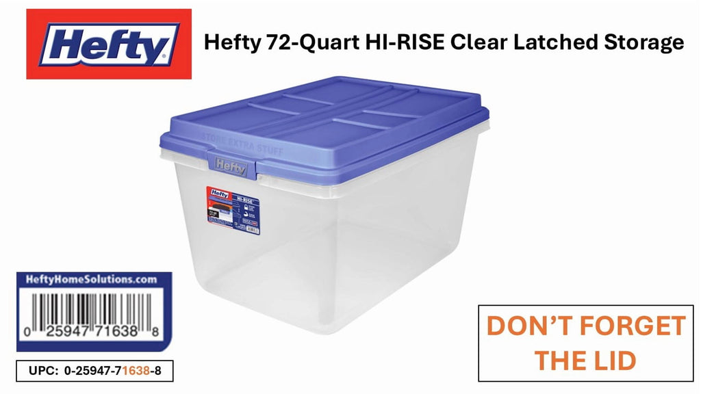 Hefty HI-RISE 72 Quart Large Latching Storage Bin, Clear Plastic Storage Container with HI-RISE Latch Lid, Blue