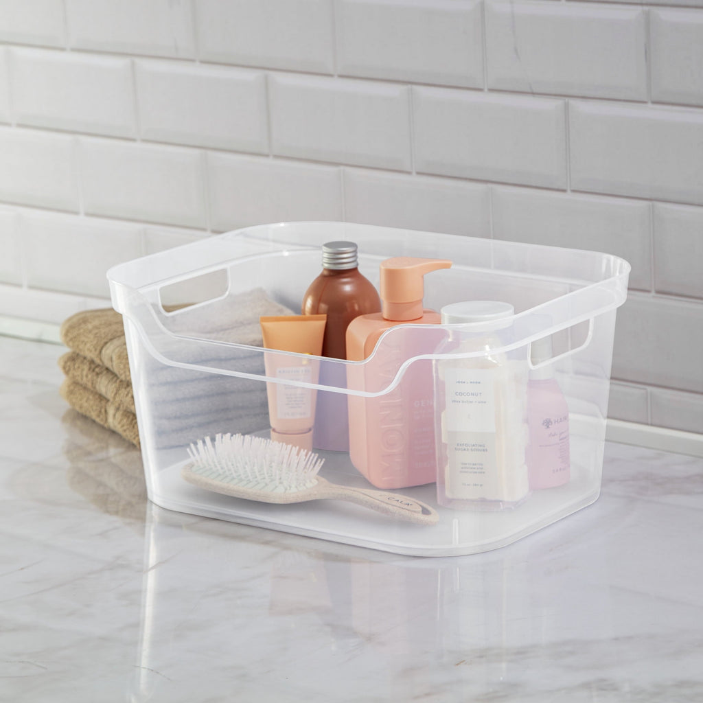Large Open Bin, Clear Plastic, Easy Access Bin with Scoop Front, Clear