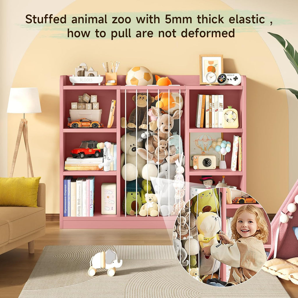 Toddler Stuffed Animal Zoo, Toy Storage Organizer for Playroom, Plush Toy Organizers and Storage, Book Shelf for Kids Rooms, Elastic Band Child Bookcase, Toy Shelf with 8 Storage Cubbies (Pink)