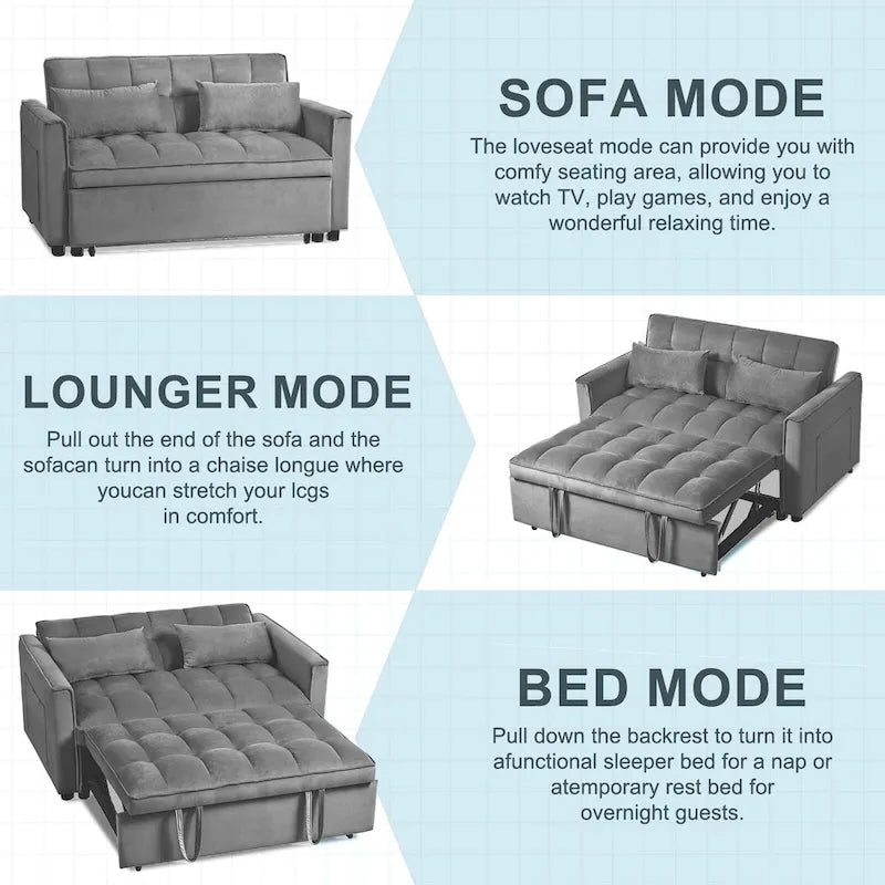 Modern Velvet Futon Loveseat with Reclining Backrest & Pockets, Seats 2 ?Dark Gray / Light Gray / Blue / Black