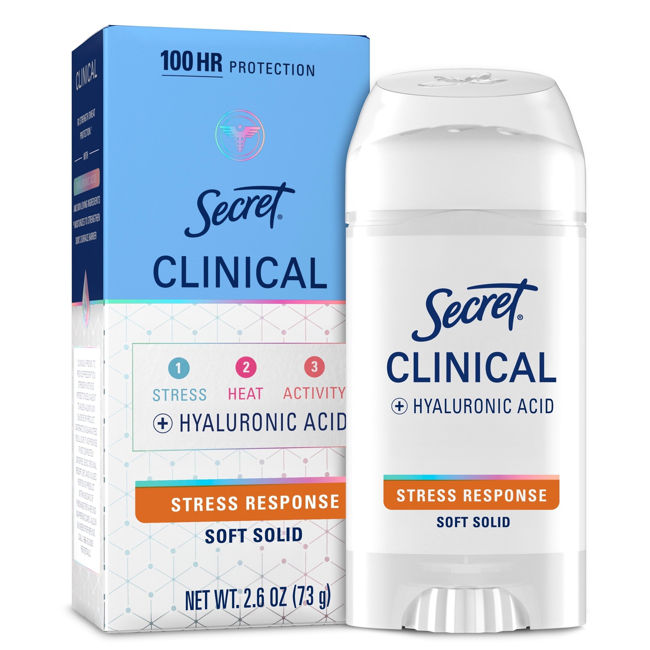Clinical Antiperspirant Deodorant for Women, 100HR Sweat & Odor Protection, Hyaluronic Acid, Soft Solid, Stress Response, 2.6 oz