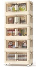 5 Tiers Storage Bins with Wheels, Magnetic Dual Open Collapsible Storage Container with Lids, 125QT Folding Storage Box Bins for Closet Organizers, Home and Office, Beige