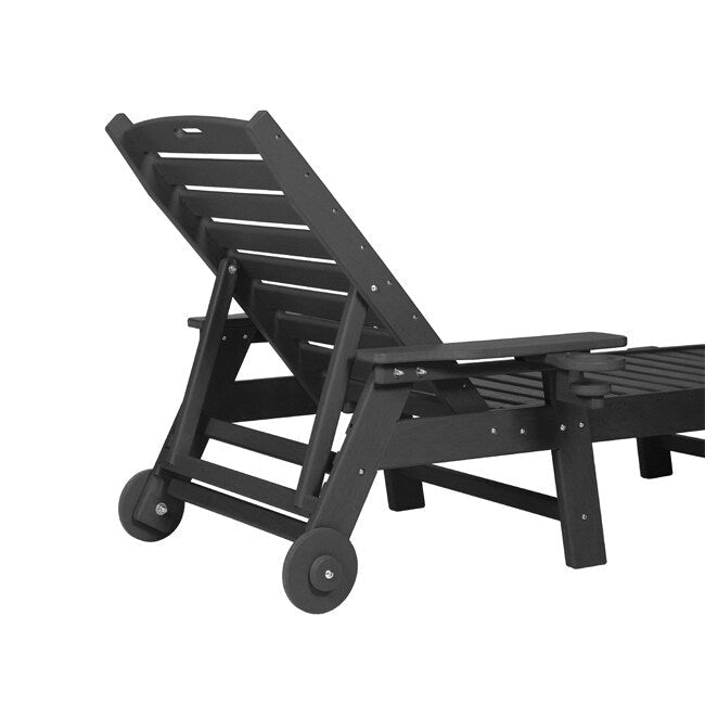 3-Piece Patio Set 2 Oversized Chaise Lounges (5-Position, Wheels, Cup Holder) + Side Table, All-Weather Wood Texture.
