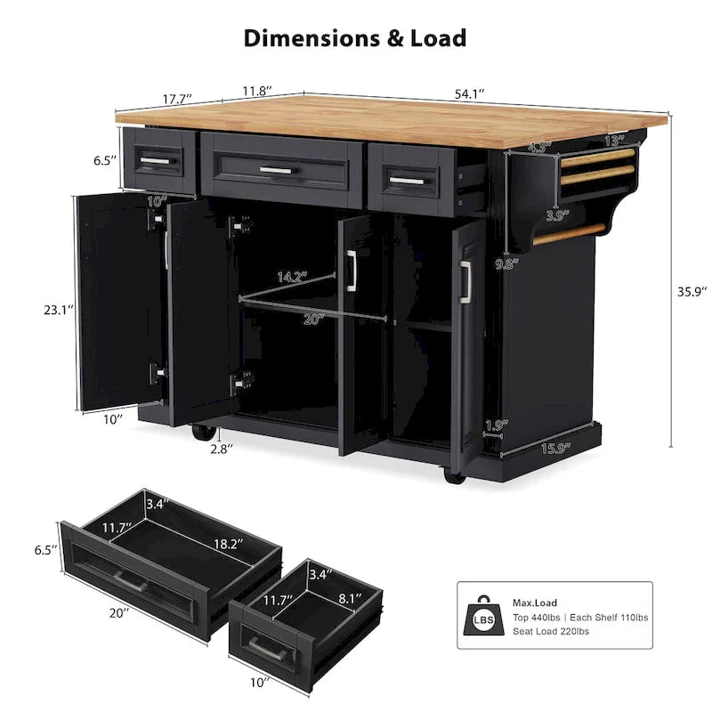 54 Large Kitchen Island with Rubber Wood Drop Leaf, Embossed Texture Rolling Kitchen Cart on 4 Wheels with 4 Doors & 3 Drawers
