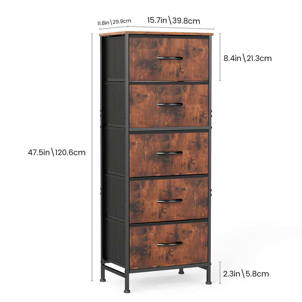 5 Fabric Dresser with 5 Storage Drawers, TV Stand with Wooden Top Metal Frame for Clothes, Living Room, Hallway, Entryway, Rust