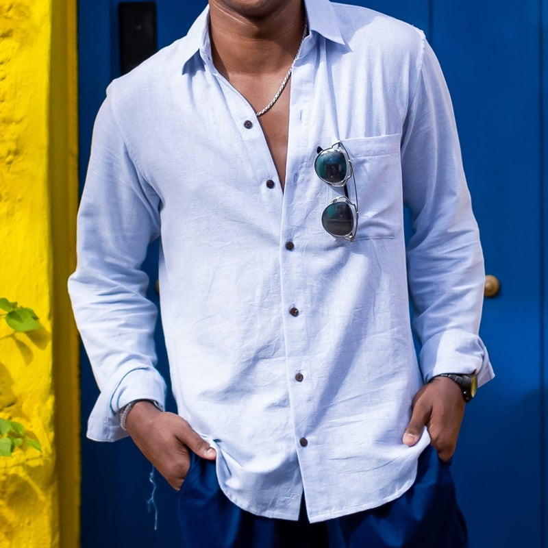 The Ice Breaker - Long Sleeve Blue Linen Shirt