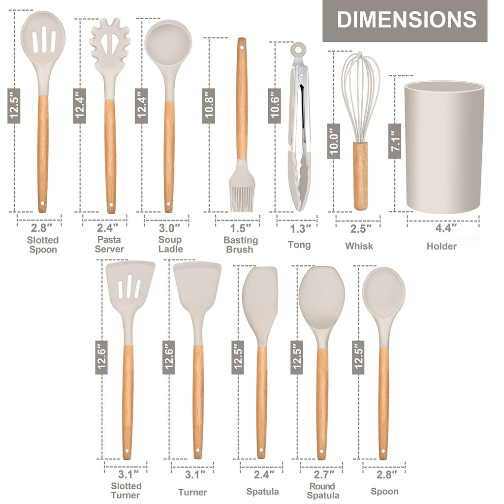 12-Piece Silicone Kitchen Cooking Utensils Set with Holder, Wooden Handle Utensils for Cooking, Kitchen Tools Include Spatula Turner Spoons Soup Ladle Tong Whisk, Black
