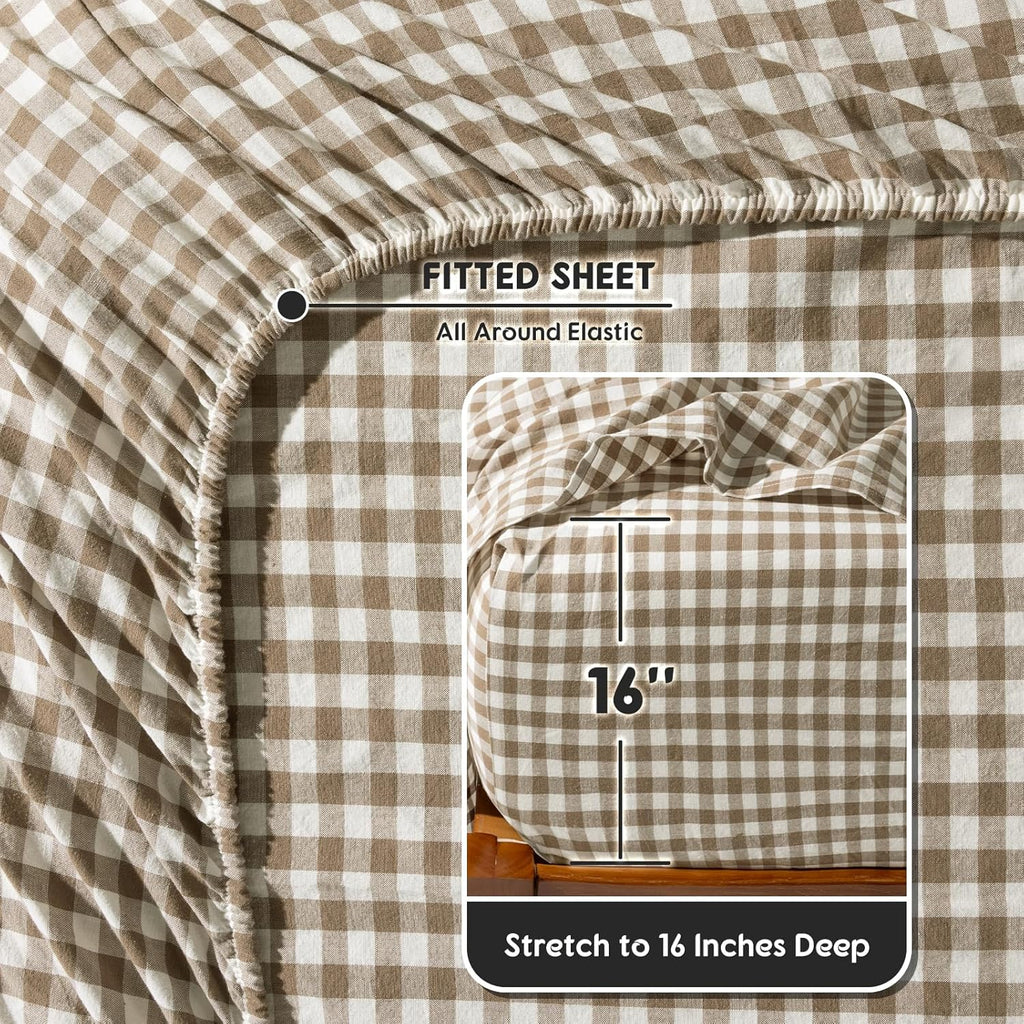 SONORO KATE 100% French Pure Linen Sheets, Breathable and Durable Linen King Size Sheets, Anti-Tear Linen Bed Sheets, Machine Washable, 16 Inch Deep Pocket - 4 Piece (Brown & White Plaid)