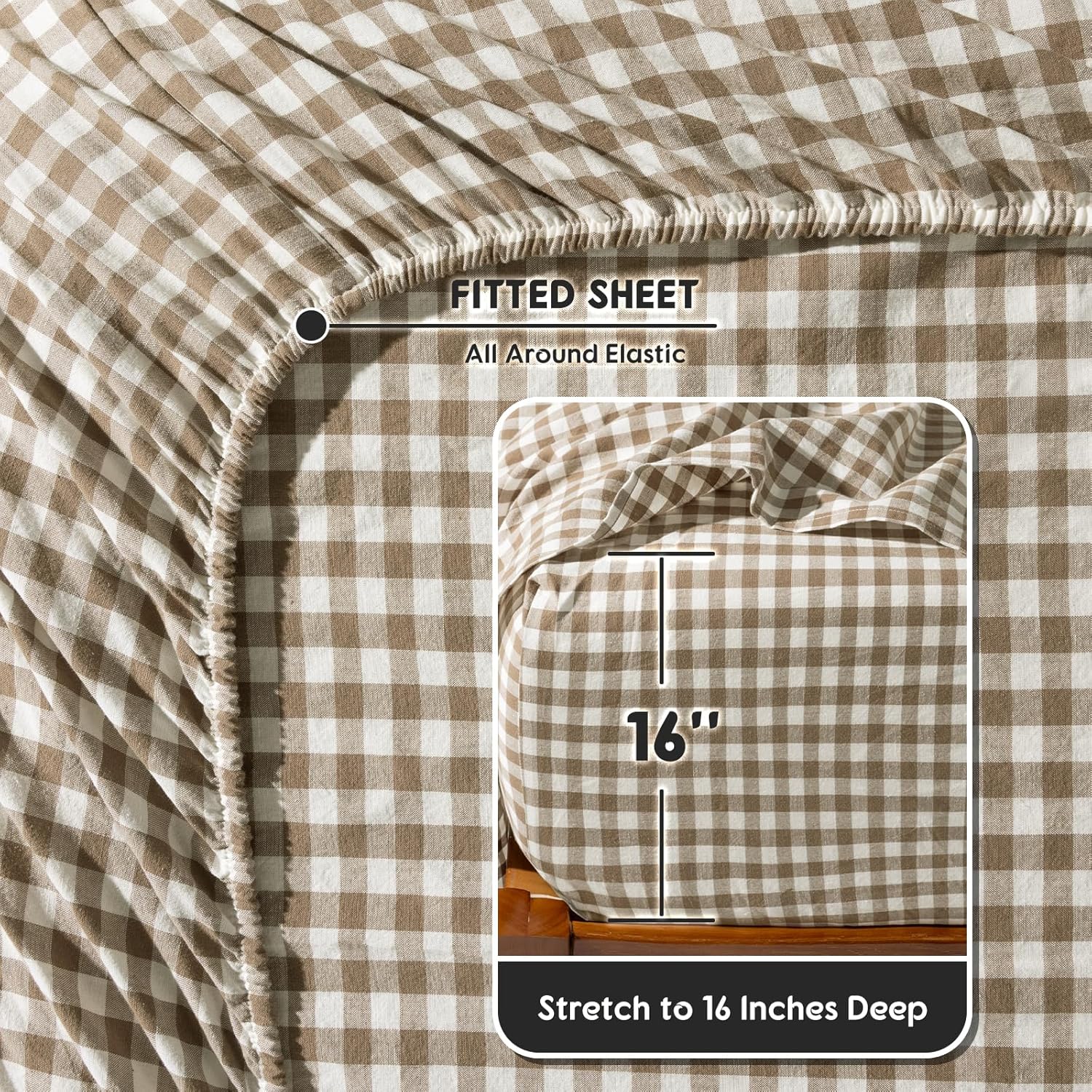 SONORO KATE 100% French Pure Linen Sheets, Breathable and Durable Linen King Size Sheets, Anti-Tear Linen Bed Sheets, Machine Washable, 16 Inch Deep Pocket - 4 Piece (Brown & White Plaid)