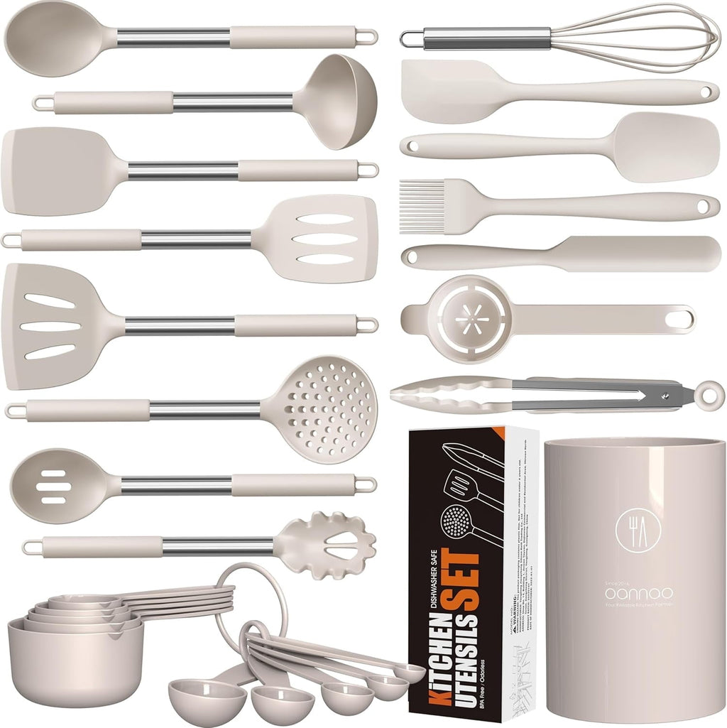 Large Silicone Cooking Utensils Set - Kitchen Utensils,Turner Tongs,Spatula,Spoon,Brush,Whisk,Stainless Steel Silicone Cooking Tool for Nonstick Cookware, (Khaki)