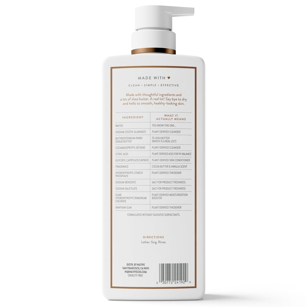 Moisturizing Body Wash, Cocoa Butter & Vanilla, Sulfate Free, 24hr Moisturization with Shea Butter, for Women & Men for Dry Skin, 22 fl oz