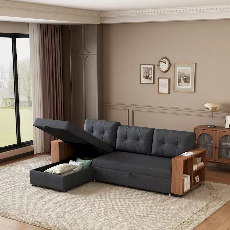 Convertible Sectional Sofa with Pull-Out Bed and Hidden Storage Chaise