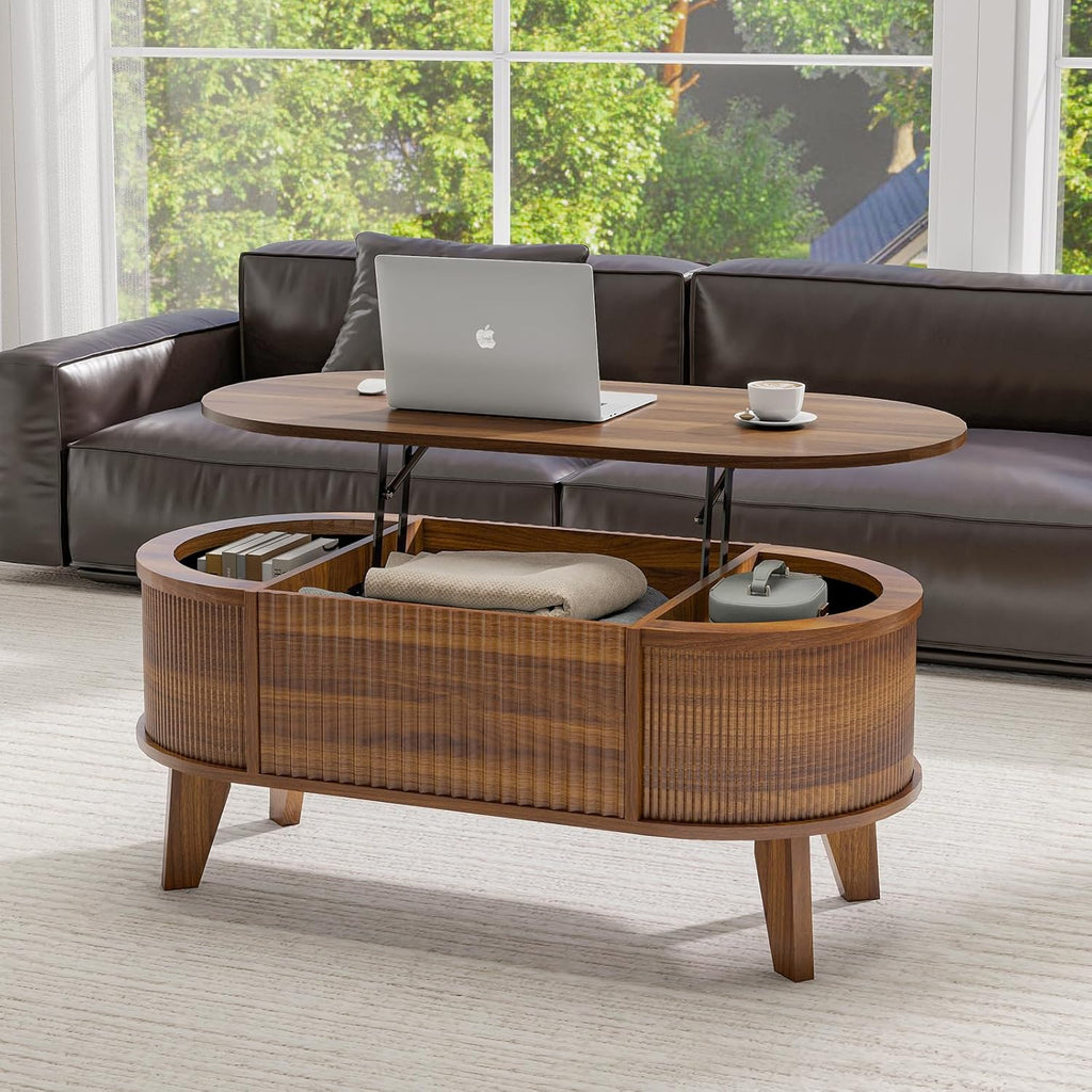 LYNCOHOME Fluted Lift Top Coffee Table with Storage,Modern Oval Coffee Table for Living Room or Home OfficeWalnut