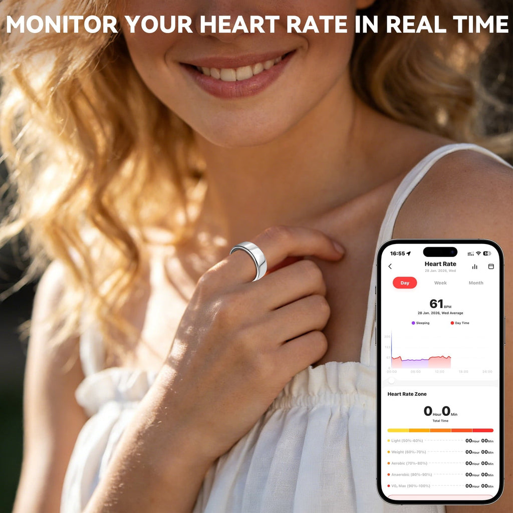 Fitness Tracking Ring, 7-Day Battery, Heart Rate Sleep Monitor, No Subscription, IP68 Waterproof, Stainless Steel - Size 7, Black
