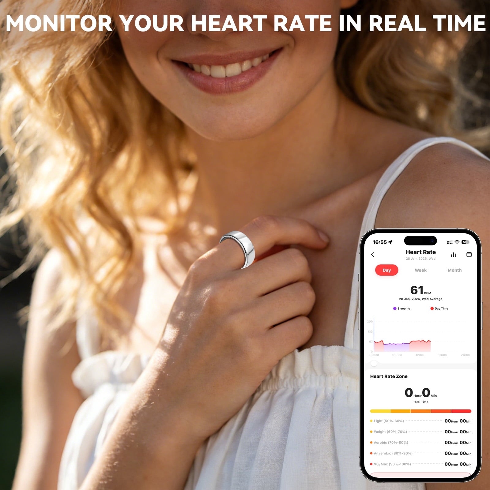 Fitness Tracking Ring, 7-Day Battery, Heart Rate Sleep Monitor, No Subscription, IP68 Waterproof, Stainless Steel - Size 7, Black