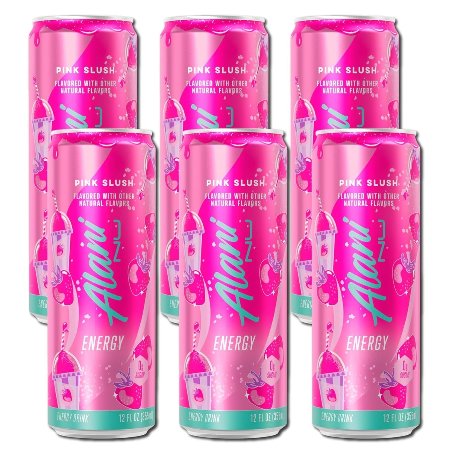 New Energy Drink, Pink Slush Flavor, Sugar-Free, 12 fl oz Low-Calorie Energy Boost (Pack of 6)