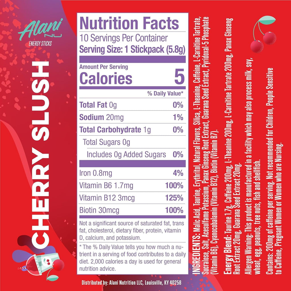 Energy Sticks, Cherry Slush, 10 Count, 200mg Caffeine, Zero Sugar