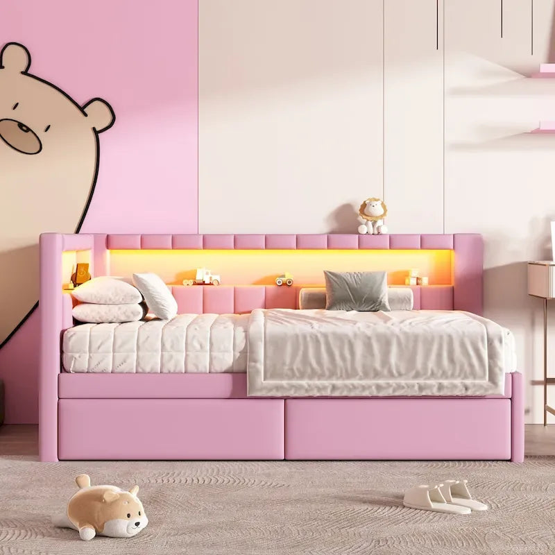 Upholstered Platform Bed with USB Ports & LED Lighting - Full/Twin Size Bed Frame with 2 Storage Drawers - Modern Bedroom