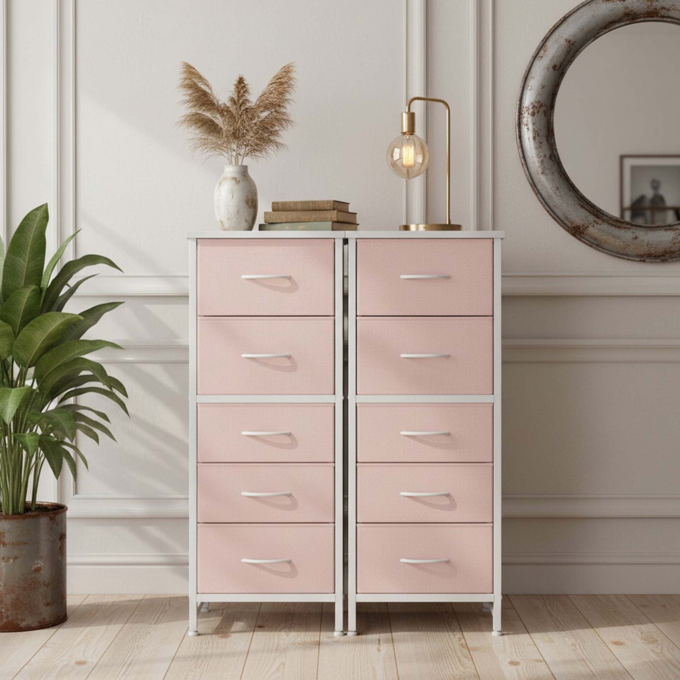 5 Fabric Dresser with 5 Storage Drawers, TV Stand with Wooden Top Metal Frame for Clothes, Living Room, Hallway, Entryway, Rust