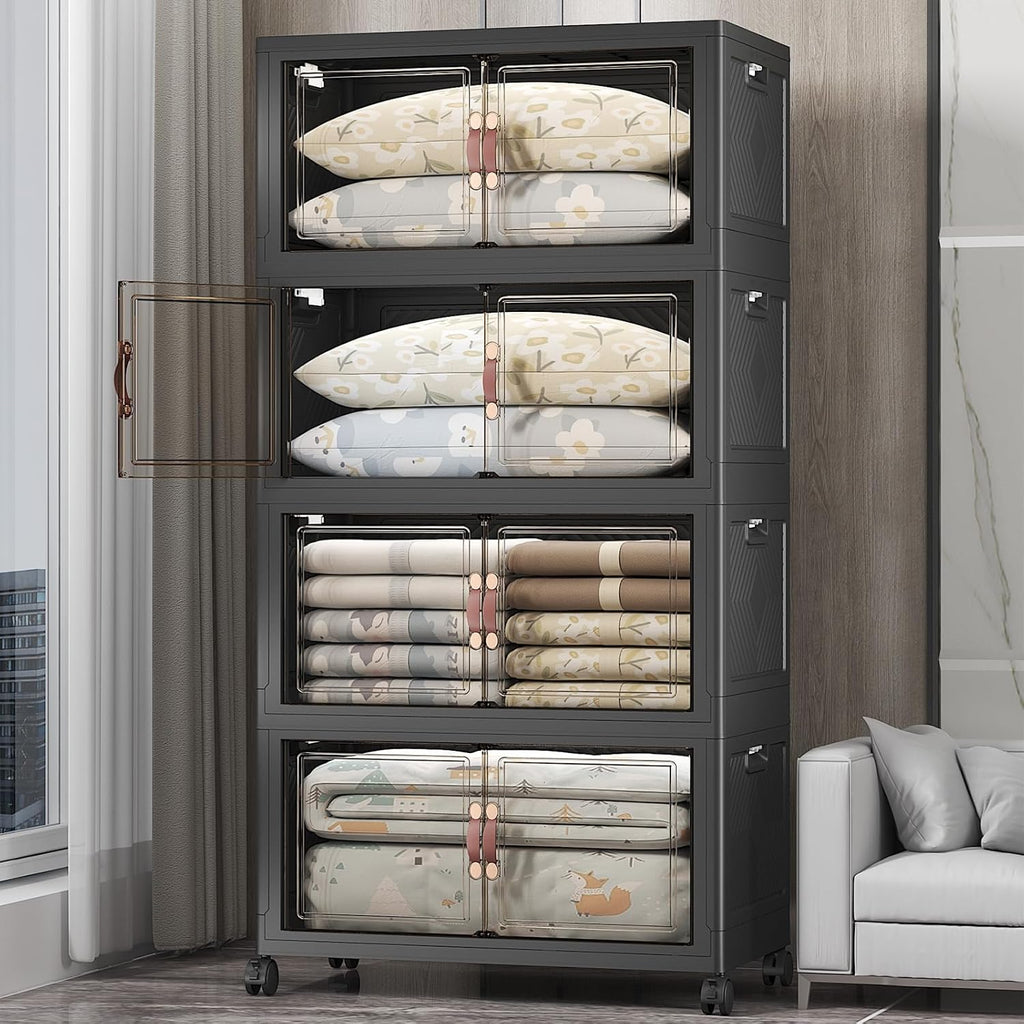 UAMFURI Stackable Storage Bins with Lids & Wheels & Door, Foldable Collapsible Closet Organizers, Extra Large Plastic Storage Drawers for Bedroom Dorm Office Garage (Dark-175QT, 4Pack with 1 top lid)