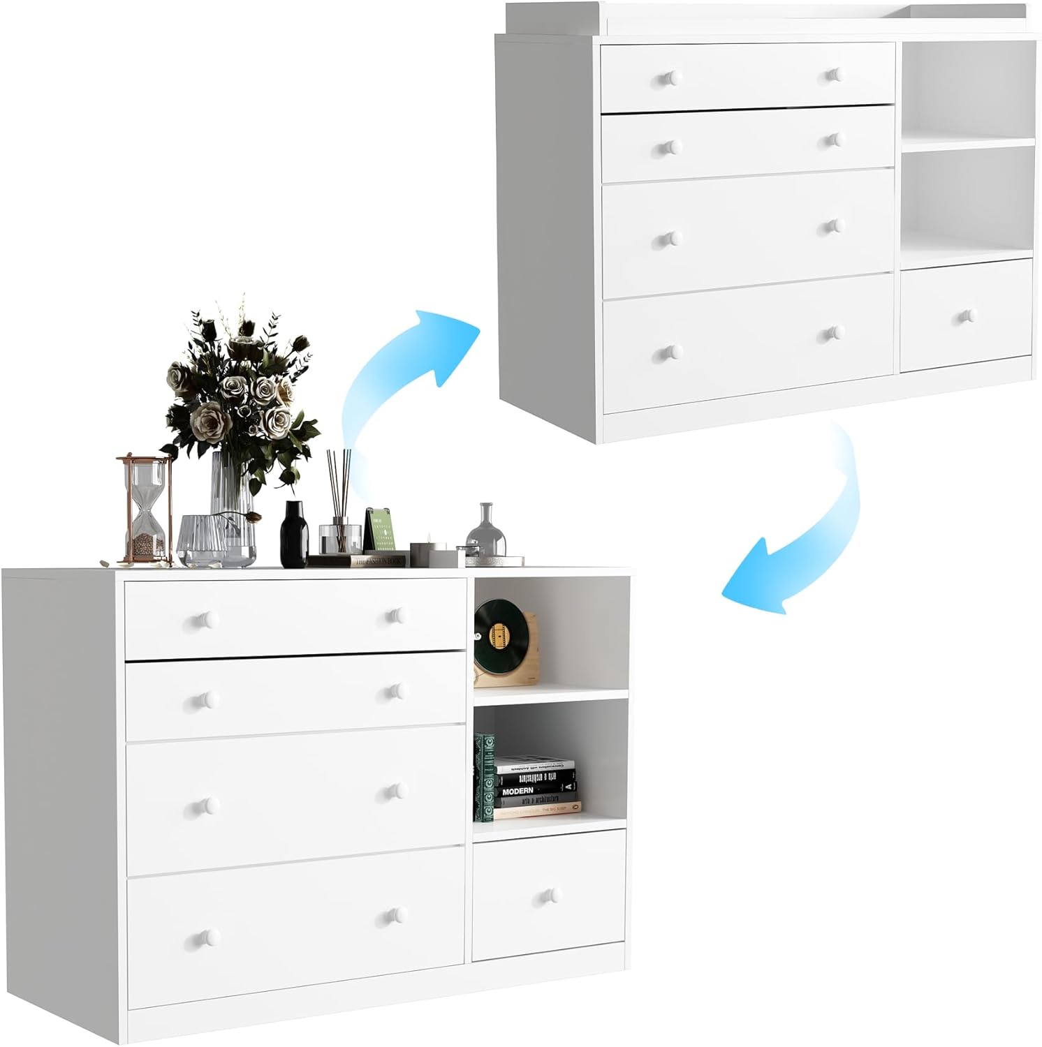 Timechee Changing Table Dresser, Baby Classic Nursery Dresser with 5 Drawers and 2 Shelves, Multi-Functional Baby Changing Table, Diaper Changing Station for Children's Room, White
