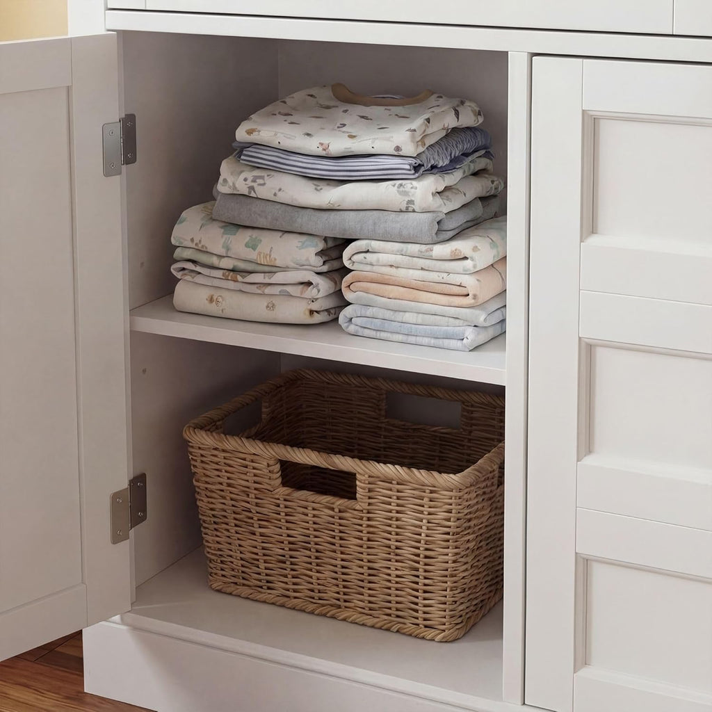 Timechee 46“ Baby Dresser with Changing Table Top, White Dresser with Storage Drawers and Doors for Nursery, Multifunctional Nursery Baby Changing Table Dressers, Diaper Station Cabinet for Kids Room