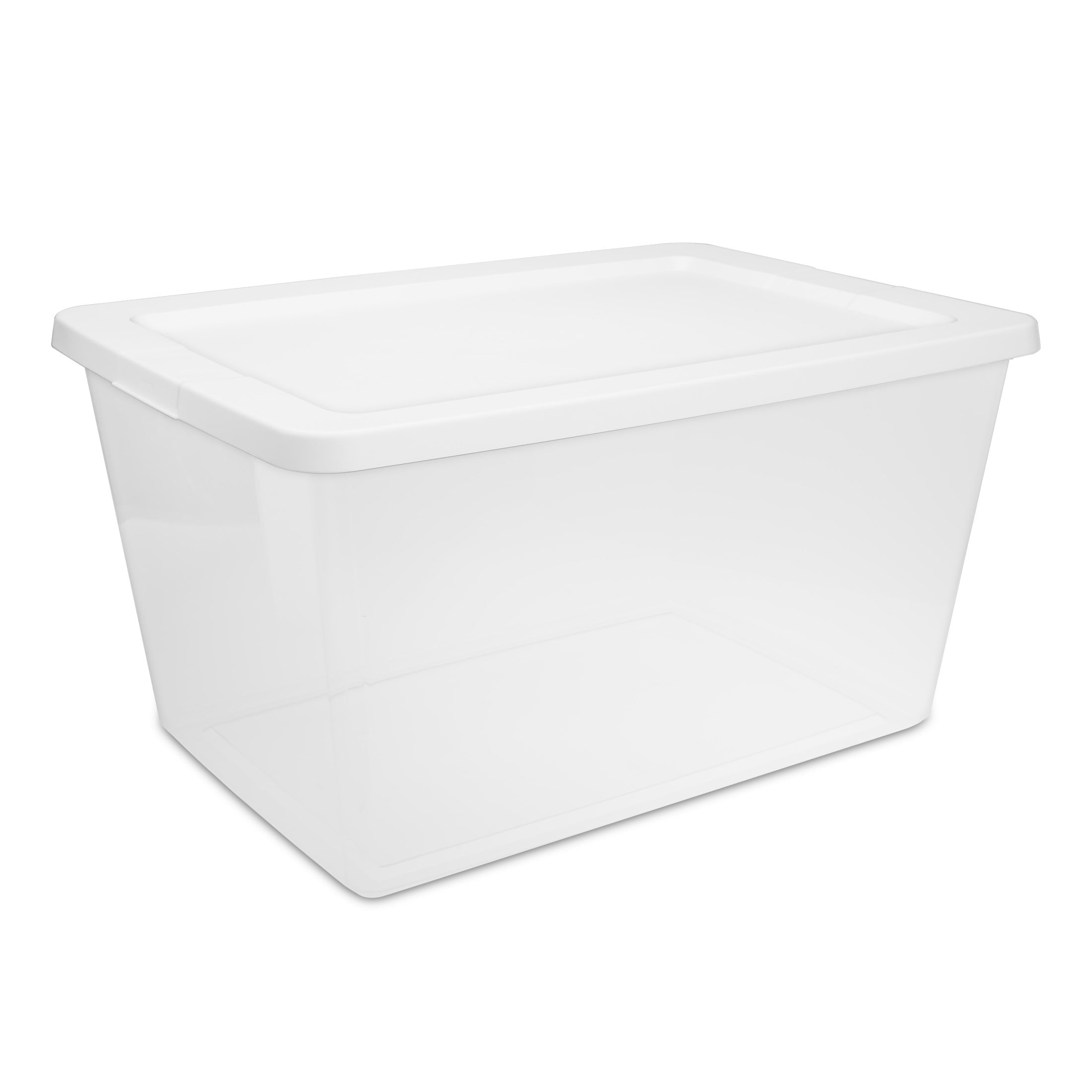 58 Quart Medium Storage Bin, Clear Plastic Storage Container with Snap-On Lid, White