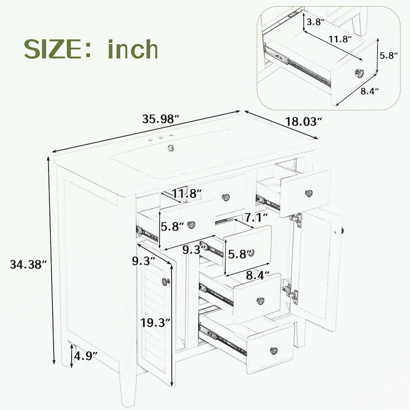 Bathroom Vanity with Ceramic Basin, Two Cabinets and Five Drawers
