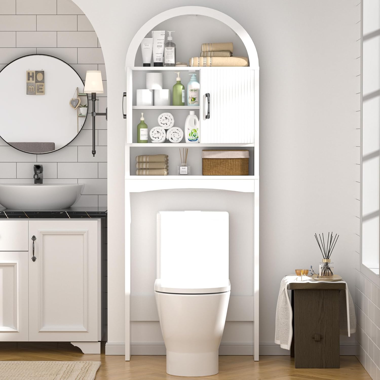 Spurgehom Over The Toilet Storage Cabinet, Bathroom Shelf Organizer Freestanding, Bathroom Arch Cabinet Over Toilet with Toilet Paper Holder and Anti-Tipping Device (Narrow Style-White)