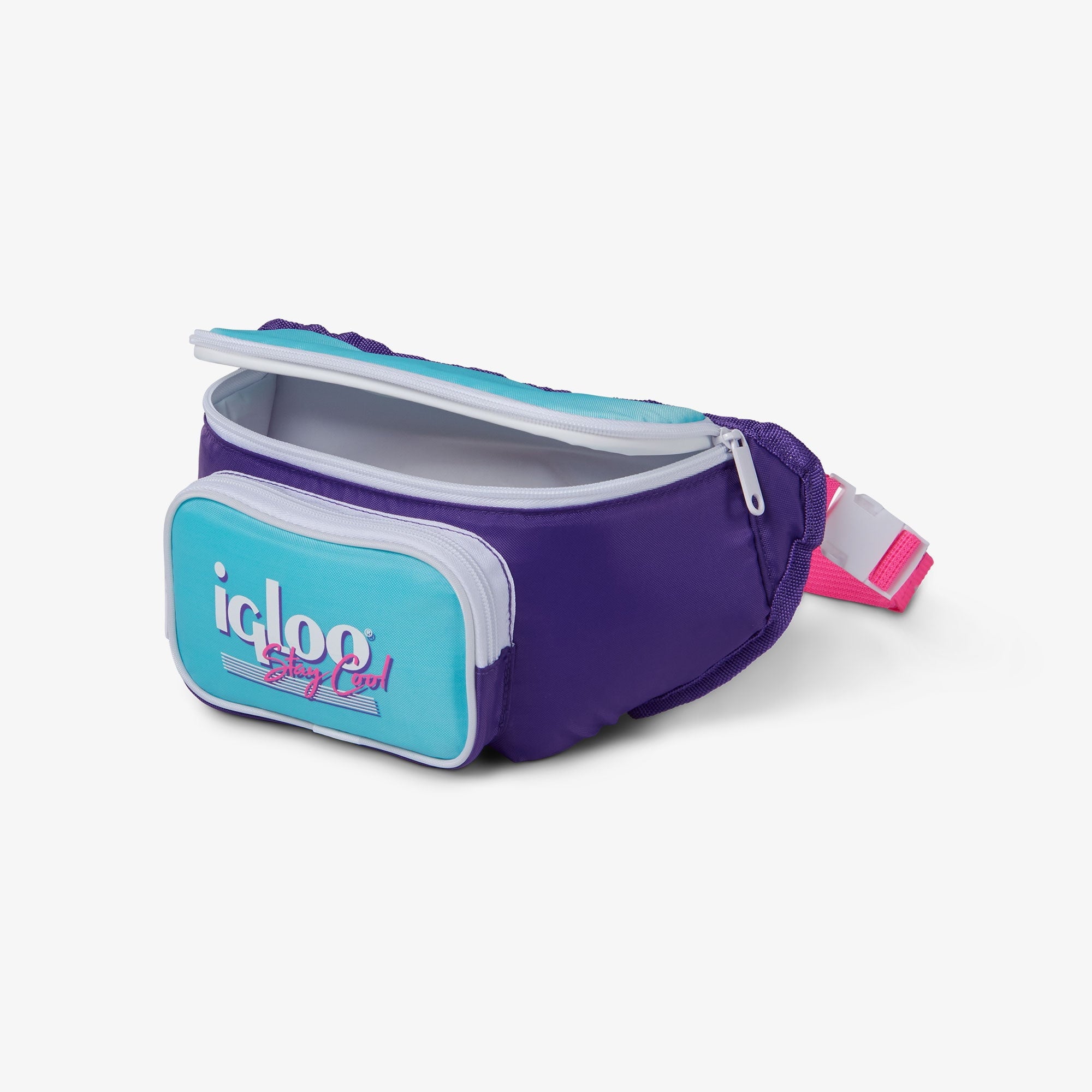 3 can Retro Fanny Pack Cooler Bag, Purple and Aqua Blue
