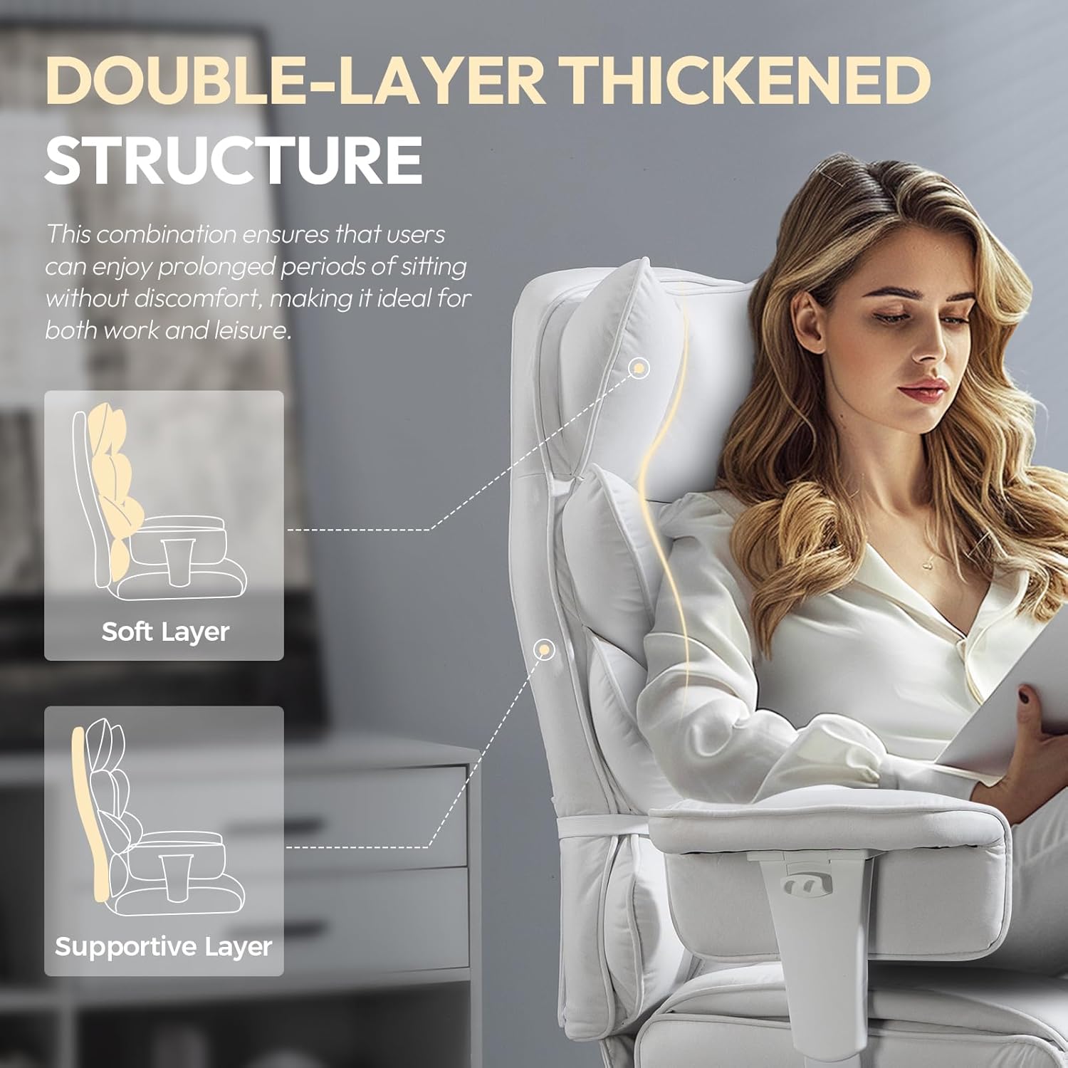 Dowinx Big and Tall Office Chair with Pocket Spring Cushion,High Back Computer Gaming Chairs with Adjustable Armrests,Executive Desk Chairs with Lumbar Support and Footrest,Fabric White