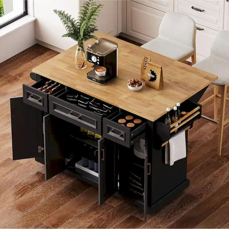 54 Large Kitchen Island with Rubber Wood Drop Leaf, Embossed Texture Rolling Kitchen Cart on 4 Wheels with 4 Doors & 3 Drawers