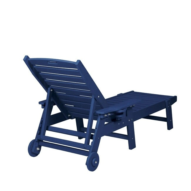 3-Piece Patio Set 2 Oversized Chaise Lounges (5-Position, Wheels, Cup Holder) + Side Table, All-Weather Wood Texture.