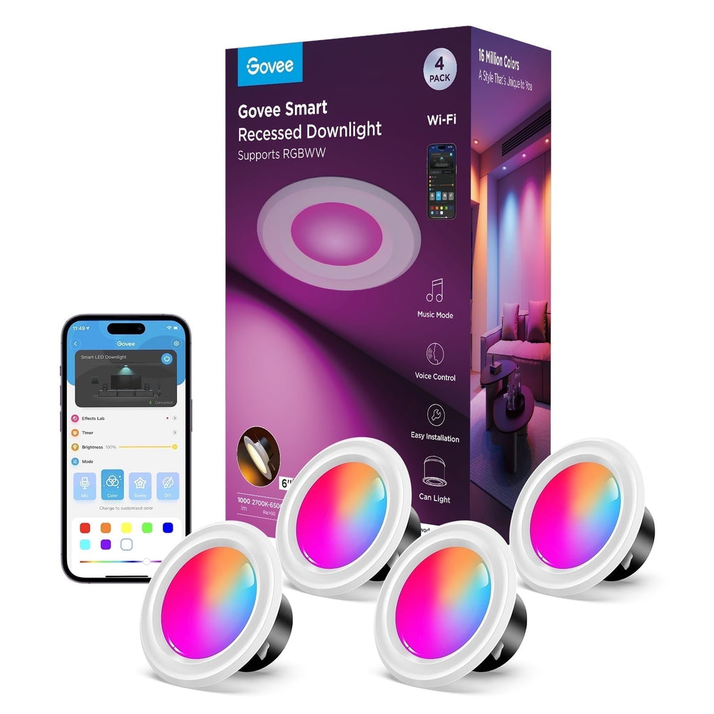 Box Govee Smart 6'' LED Retrofit Recessed Can Lights for Indoor Living Room, Ceiling Light, Dimmable, Color Changing, LED Light Bulbs, 4 Pack