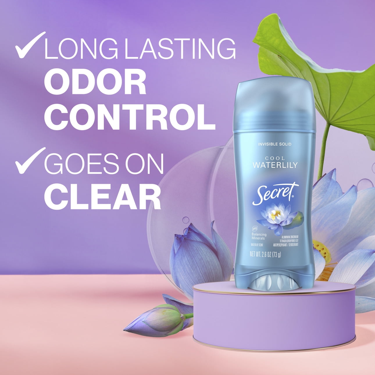 Antiperspirant & Deodorant Invisible Solid Cool Waterlily, 72HR Breathable Sweat & Odor Protection, 2.6 OZ