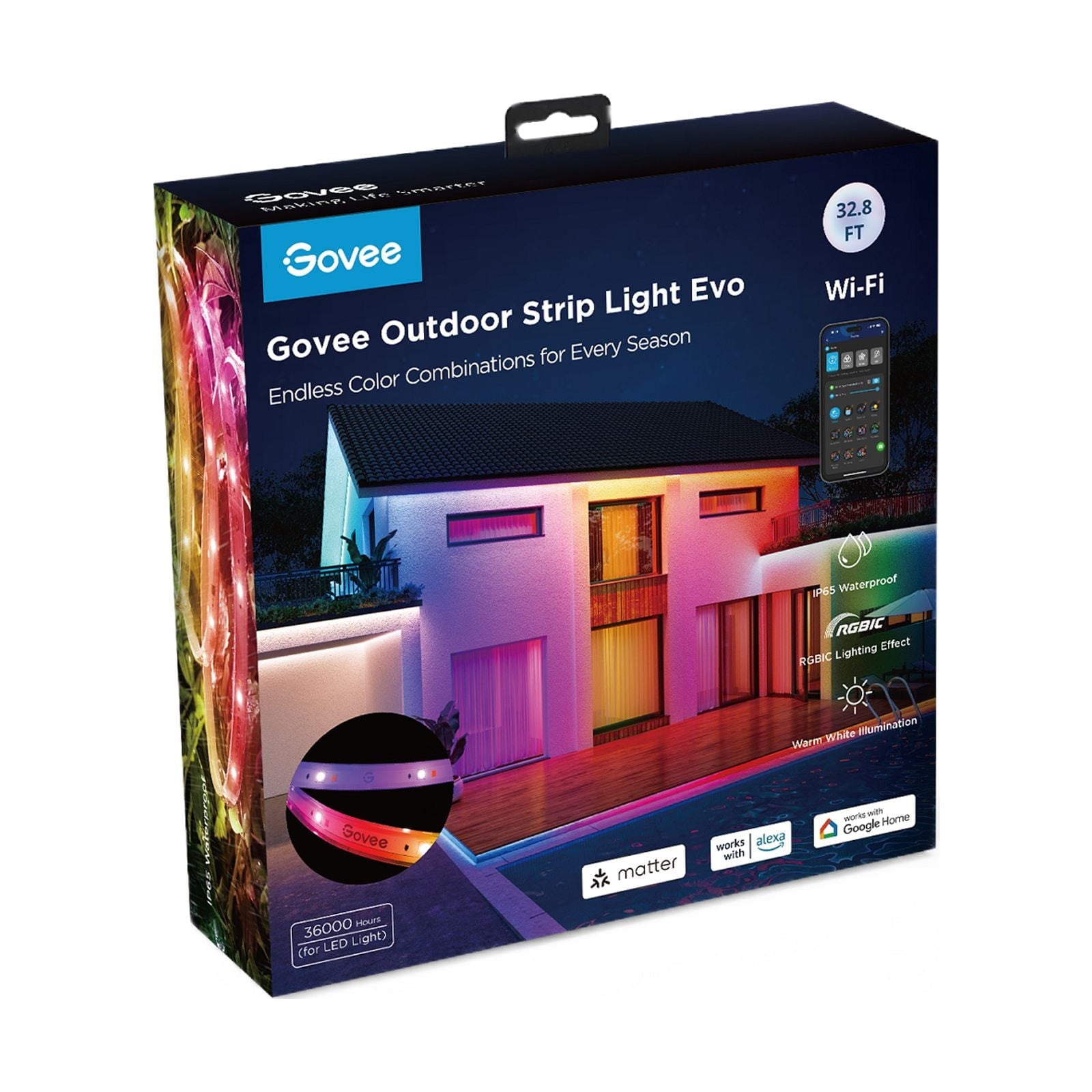 32.8ft Smart Outdoor LED Strip Light, RGBIC Color-Changing Light, IP65 Waterproof, Wifi + Bluetooth Control, Patio & Garden Lighting