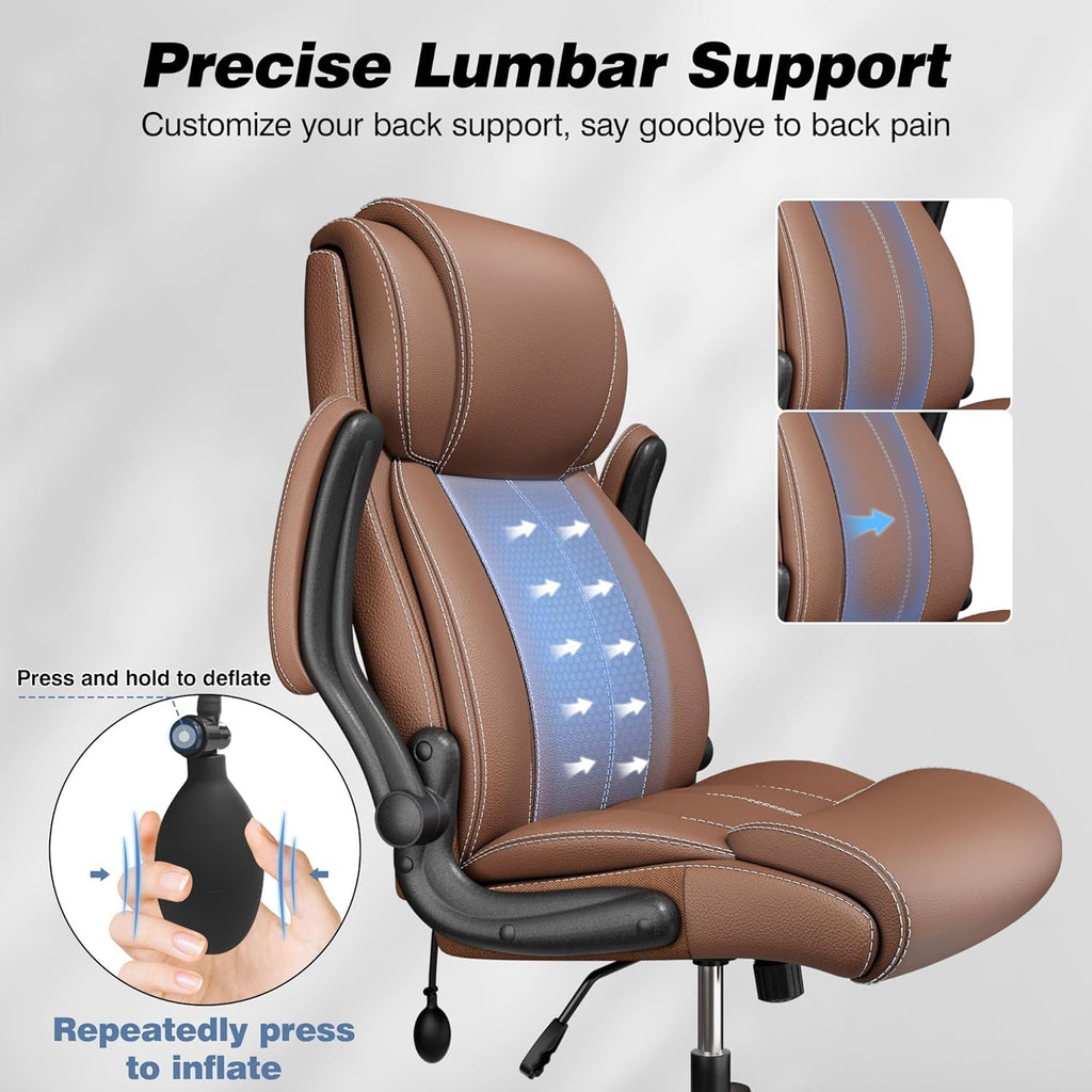 BESTFAIR Ergonomic Office Chair - Home Desk Computer Chair, Leather High Back Executive Chairs with Adjustable Lumbar Support & Flip-up Arms, Rocking Swivel Comfy, Brown