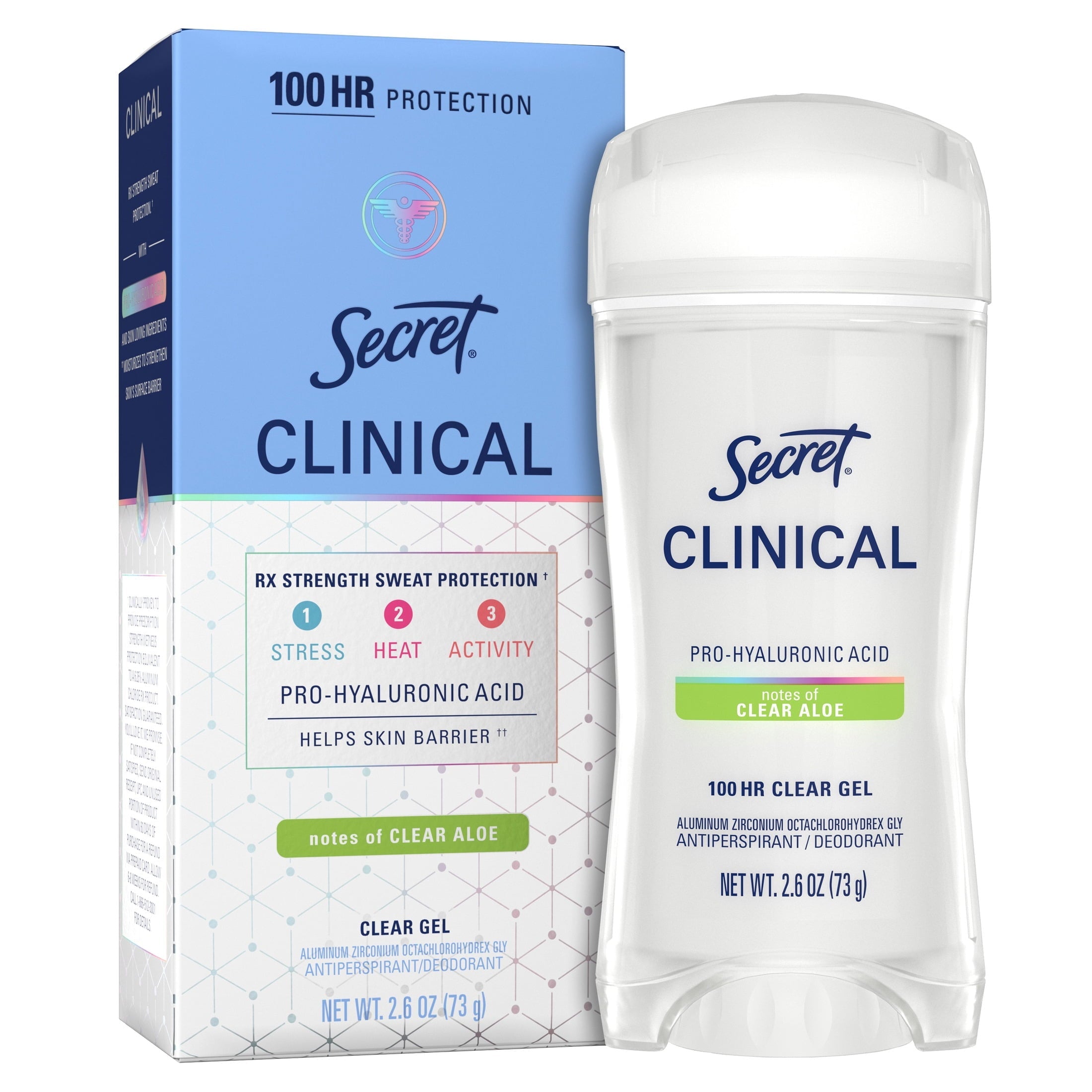 Clinical Antiperspirant Deodorant for Women, 100HR Sweat & Odor Protection, Pro-Hyaluronic Acid, Clear Gel, Clear Aloe, 2.6 oz