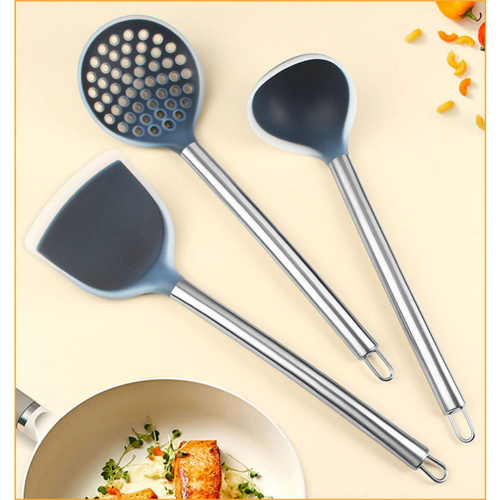 3-piece Silicone Stainless Steel Kitchen Utensil Set, Cooking Tools, Kitchen Gadgets and Essentials, including Wok Spatula, Ladle and Slotted Spoon