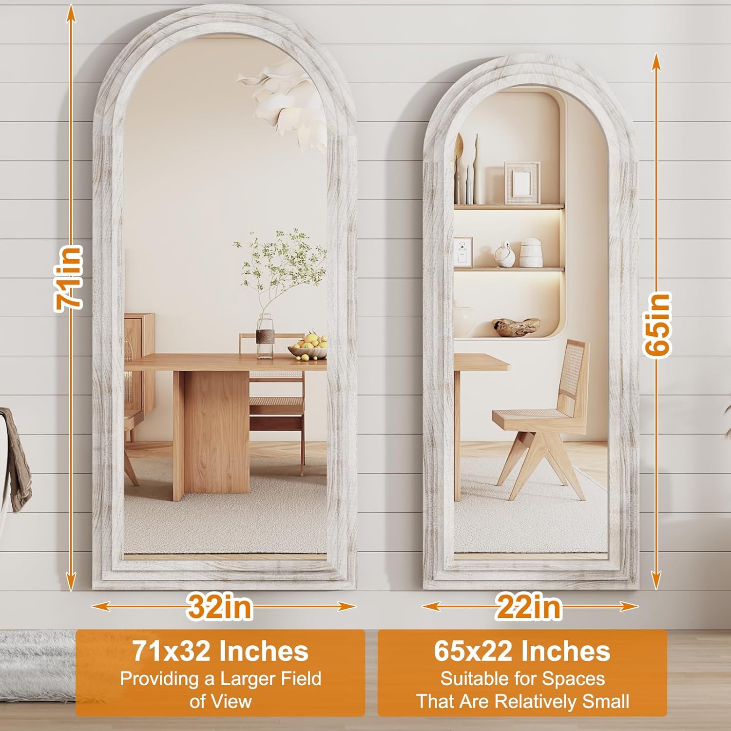 ZHUNFA External Three-Layer Arched Full Length Mirror with Solid Wood Frame,65x22 Modern Farmhouse Decor Standing Mirror Full Length,Wall Mounted,Leaning,Standing for Bedroom,Living Room,White.